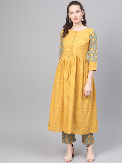 Yellow & Sage Green A-Line Printed Kurta Set With Pant | LASVINI - Redefining Indian Fashion with Elegance