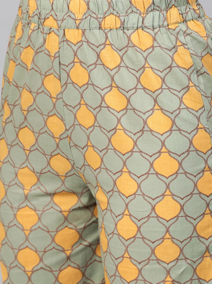 Yellow & Sage Green A-Line Printed Kurta Set With Pant | LASVINI - Redefining Indian Fashion with Elegance