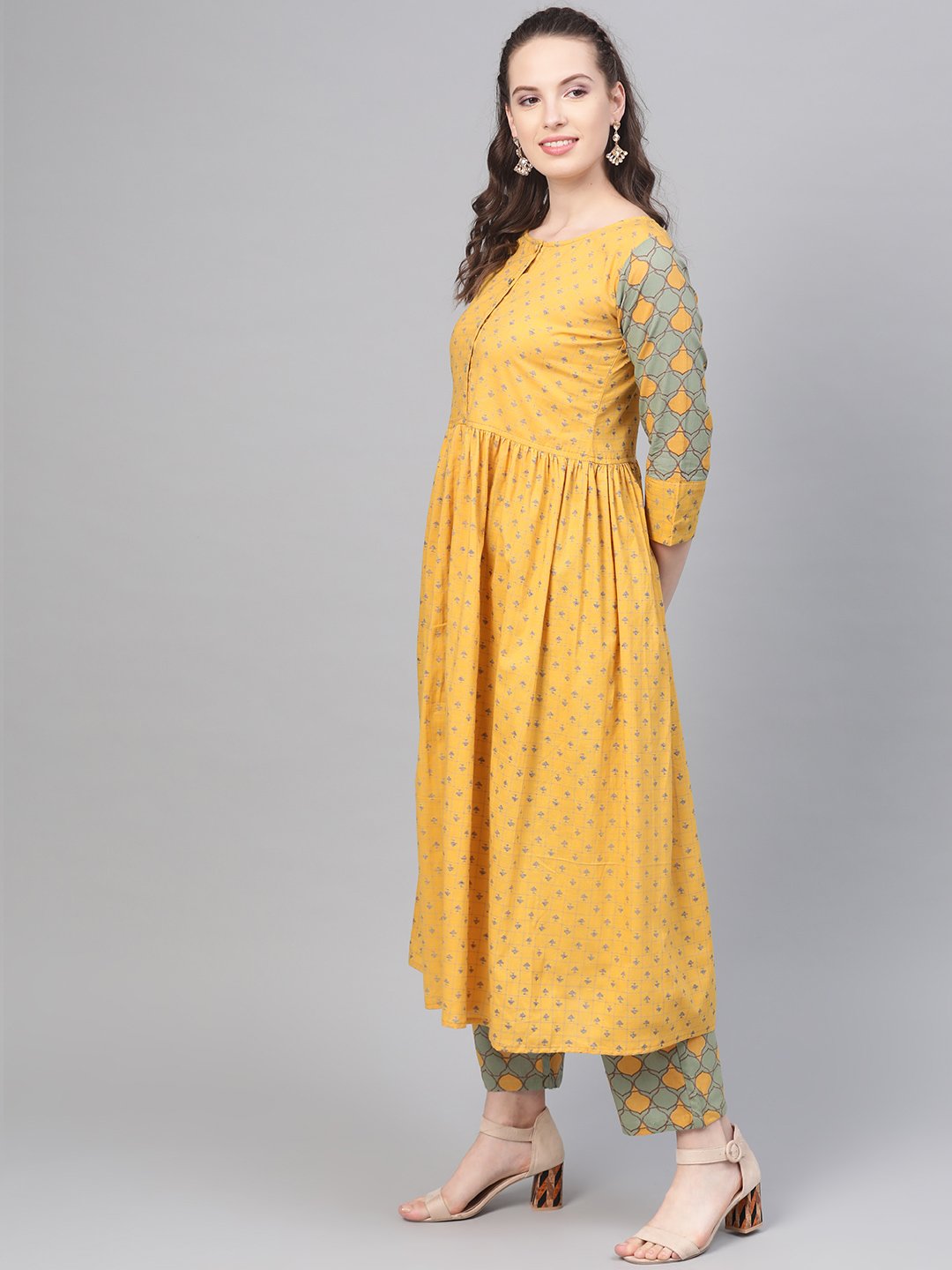 Yellow & Sage Green A-Line Printed Kurta Set With Pant | LASVINI - Redefining Indian Fashion with Elegance