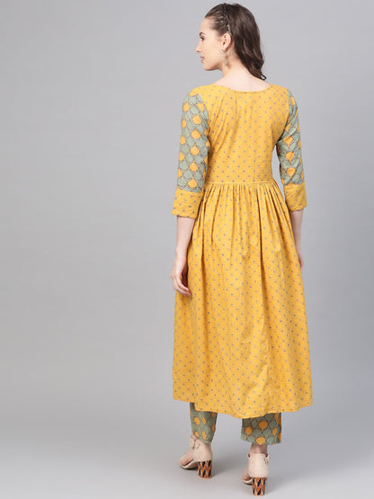 Yellow & Sage Green A-Line Printed Kurta Set With Pant | LASVINI - Redefining Indian Fashion with Elegance
