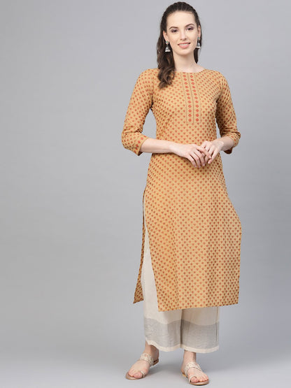 Beige Printed Straight Kurta With Round Neck With 3/4 Sleeves | LASVINI - Redefining Indian Fashion with Elegance