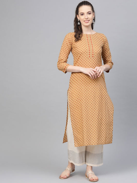 Beige Printed Straight Kurta With Round Neck With 3/4 Sleeves | LASVINI - Redefining Indian Fashion with Elegance