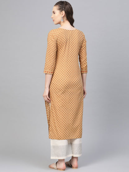 Beige Printed Straight Kurta With Round Neck With 3/4 Sleeves | LASVINI - Redefining Indian Fashion with Elegance