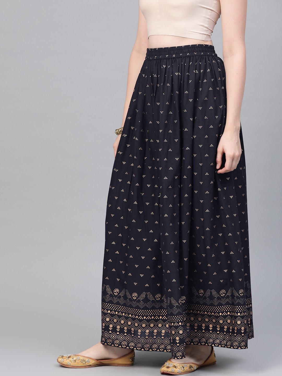 Navy Blue Gold Printed Ankle Length Flared Skirt | LASVINI - Redefining Indian Fashion with Elegance