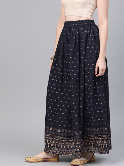 Navy Blue Gold Printed Ankle Length Flared Skirt | LASVINI - Redefining Indian Fashion with Elegance