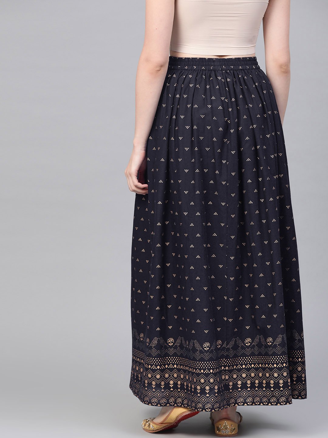 Navy Blue Gold Printed Ankle Length Flared Skirt | LASVINI - Redefining Indian Fashion with Elegance