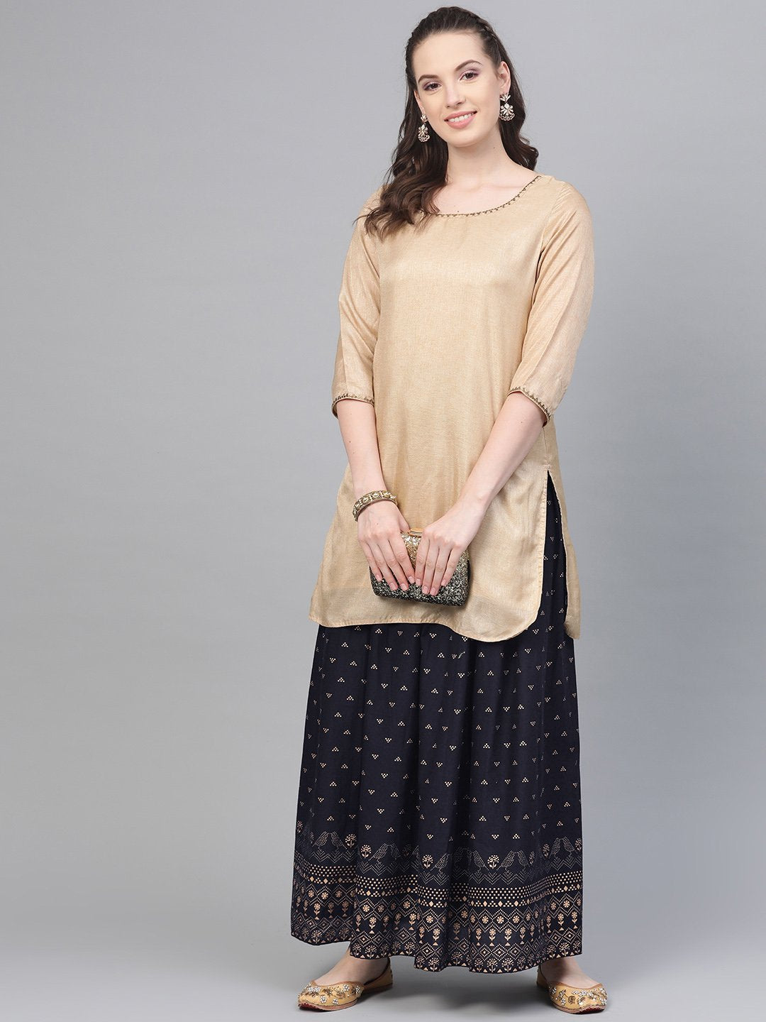 Navy Blue Gold Printed Ankle Length Flared Skirt | LASVINI - Redefining Indian Fashion with Elegance