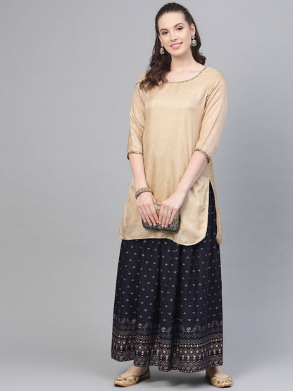 Navy Blue Gold Printed Ankle Length Flared Skirt | LASVINI - Redefining Indian Fashion with Elegance