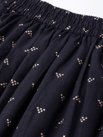 Navy Blue Gold Printed Ankle Length Flared Skirt | LASVINI - Redefining Indian Fashion with Elegance