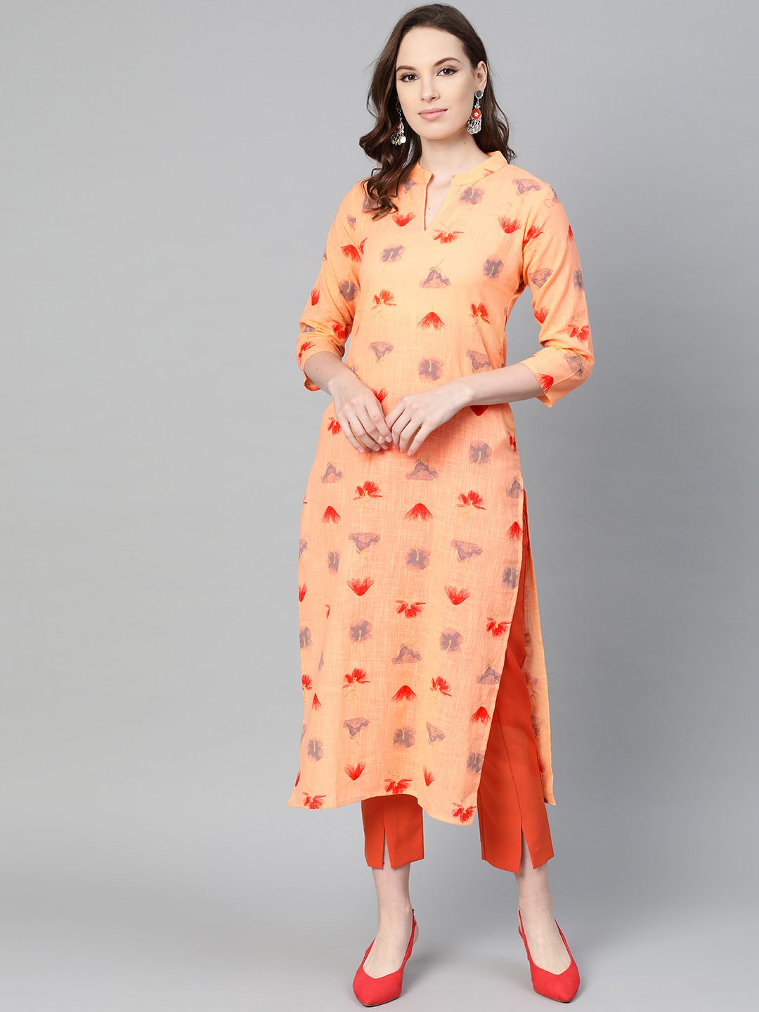 Peach Multi Colored Printed Kurta With Mandarin Collar With 3/4 Sleeves | LASVINI - Redefining Indian Fashion with Elegance