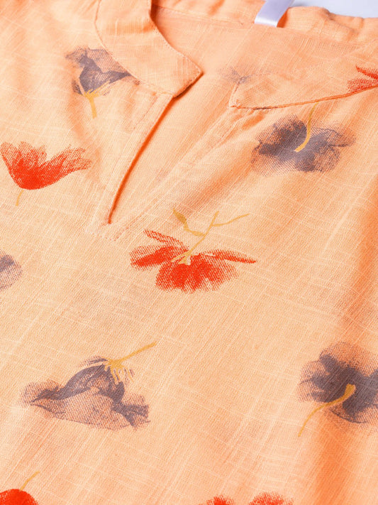 Peach Multi Colored Printed Kurta With Mandarin Collar With 3/4 Sleeves | LASVINI - Redefining Indian Fashion with Elegance