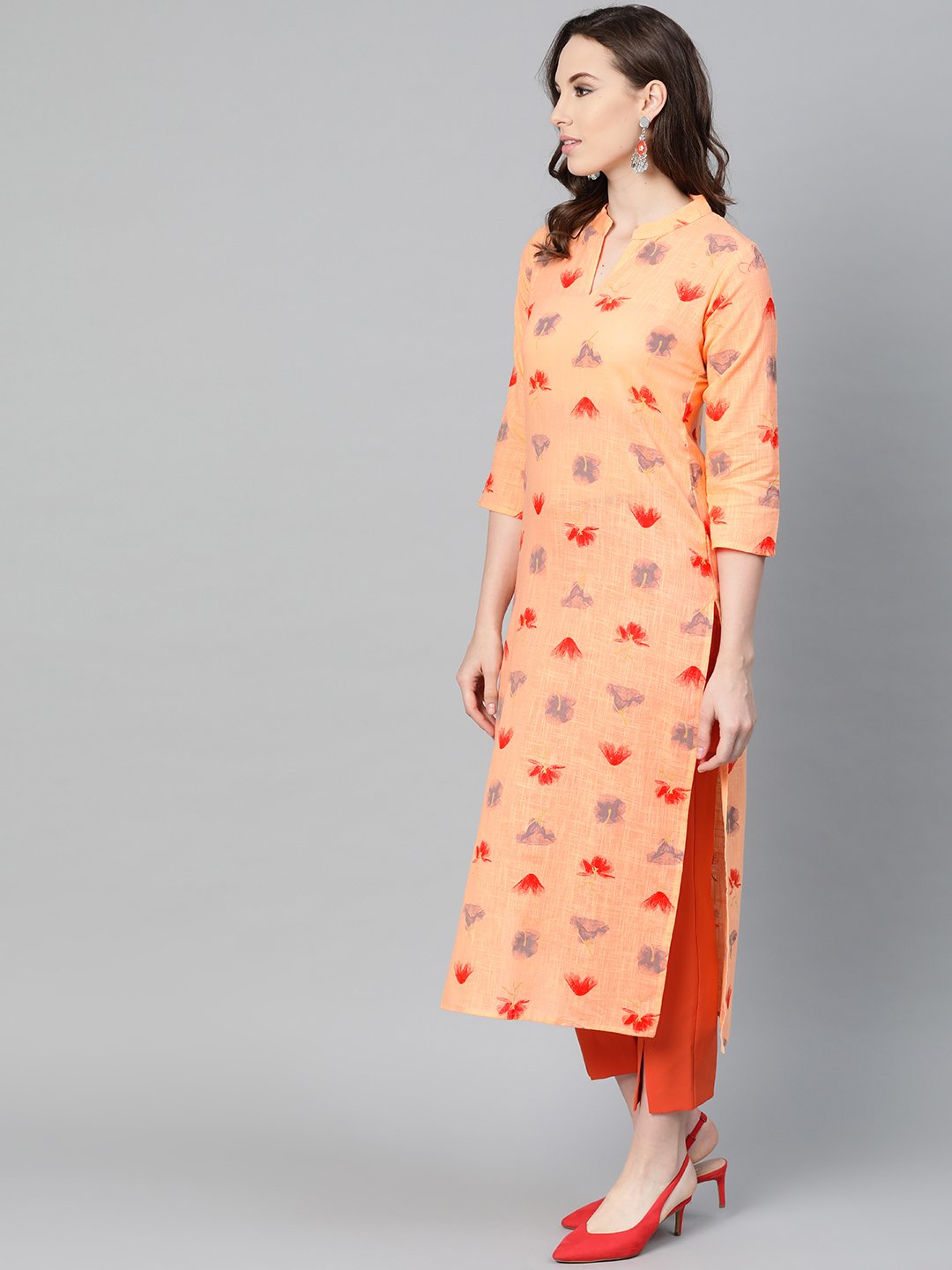 Peach Multi Colored Printed Kurta With Mandarin Collar With 3/4 Sleeves | LASVINI - Redefining Indian Fashion with Elegance