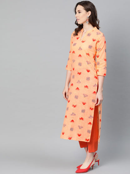 Peach Multi Colored Printed Kurta With Mandarin Collar With 3/4 Sleeves | LASVINI - Redefining Indian Fashion with Elegance