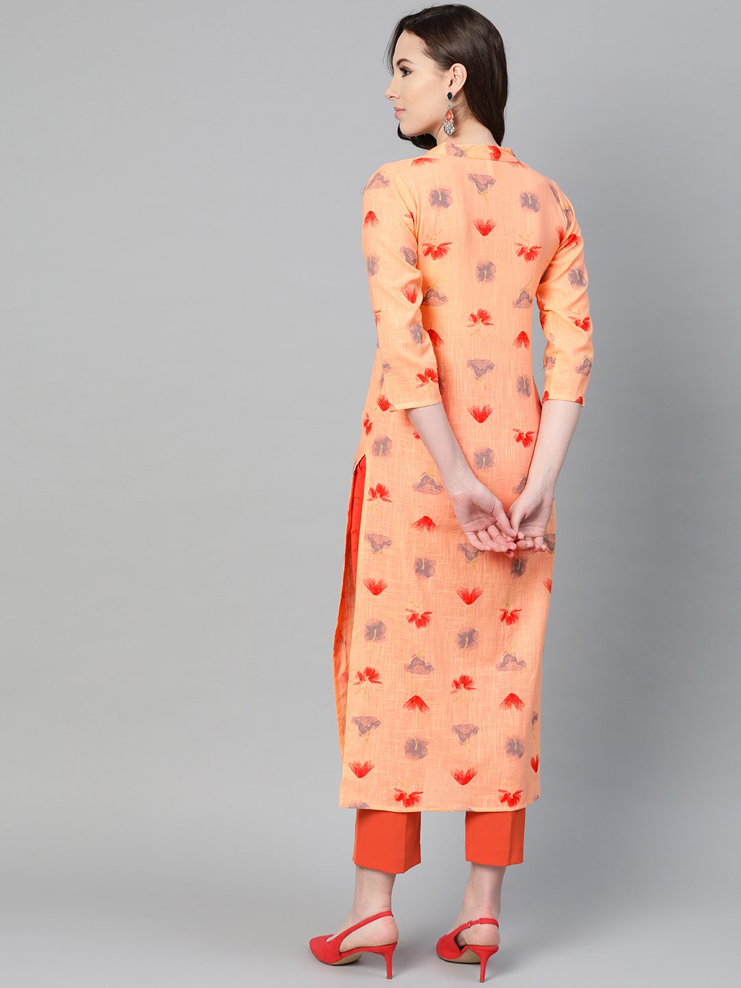 Peach Multi Colored Printed Kurta With Mandarin Collar With 3/4 Sleeves | LASVINI - Redefining Indian Fashion with Elegance