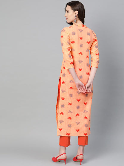 Peach Multi Colored Printed Kurta With Mandarin Collar With 3/4 Sleeves | LASVINI - Redefining Indian Fashion with Elegance