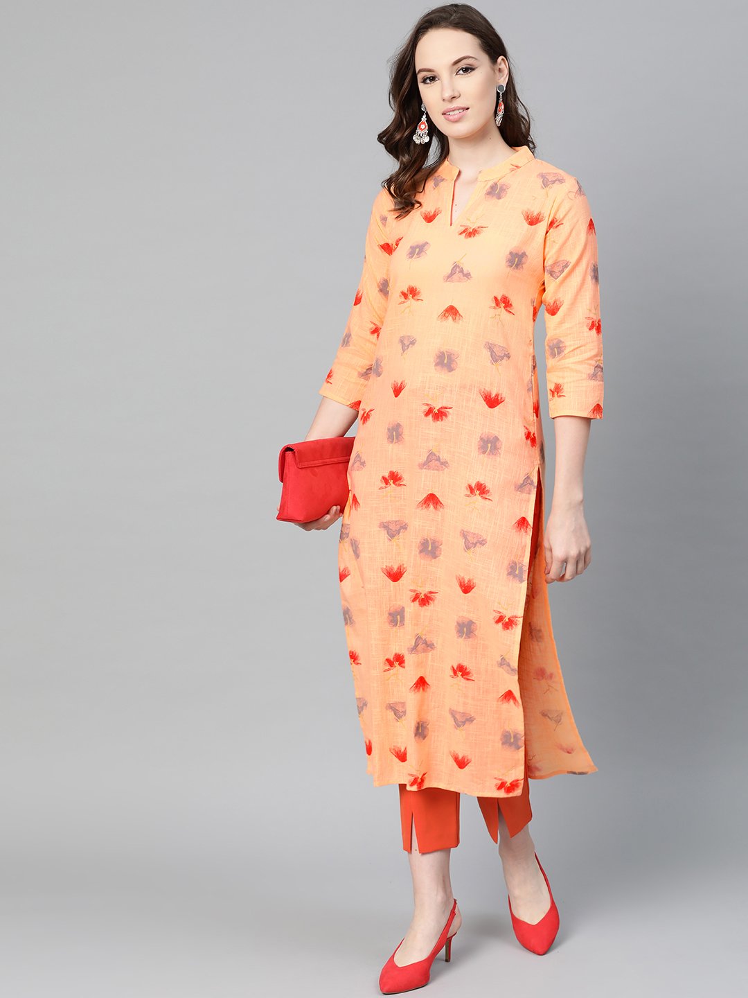 Peach Multi Colored Printed Kurta With Mandarin Collar With 3/4 Sleeves | LASVINI - Redefining Indian Fashion with Elegance