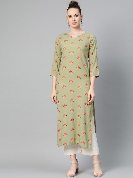 Olive Green Multi Colored Printed Kurta With Round Neck With V & 3/4 Sleeves | LASVINI - Redefining Indian Fashion with Elegance