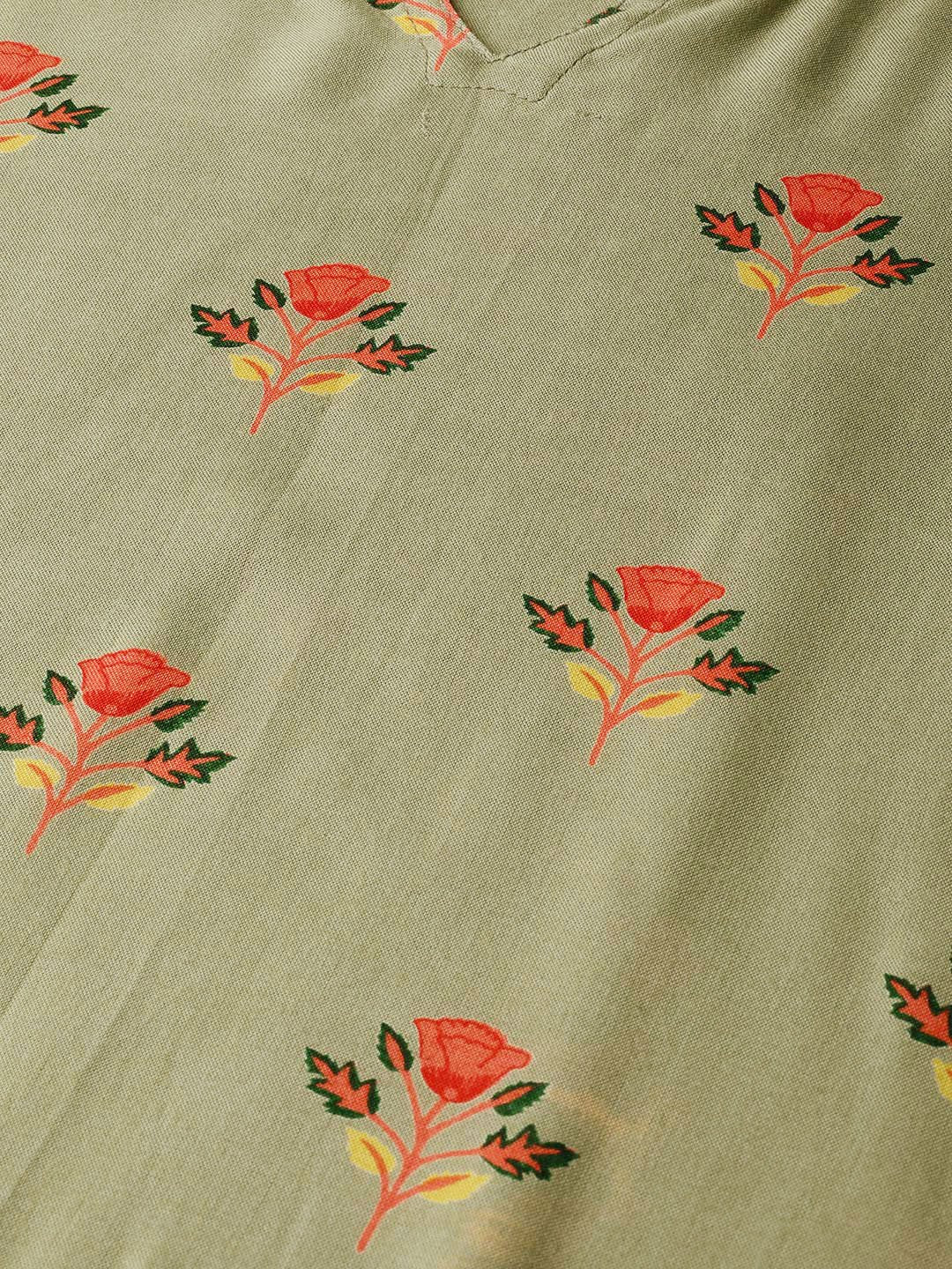 Olive Green Multi Colored Printed Kurta With Round Neck With V & 3/4 Sleeves | LASVINI - Redefining Indian Fashion with Elegance