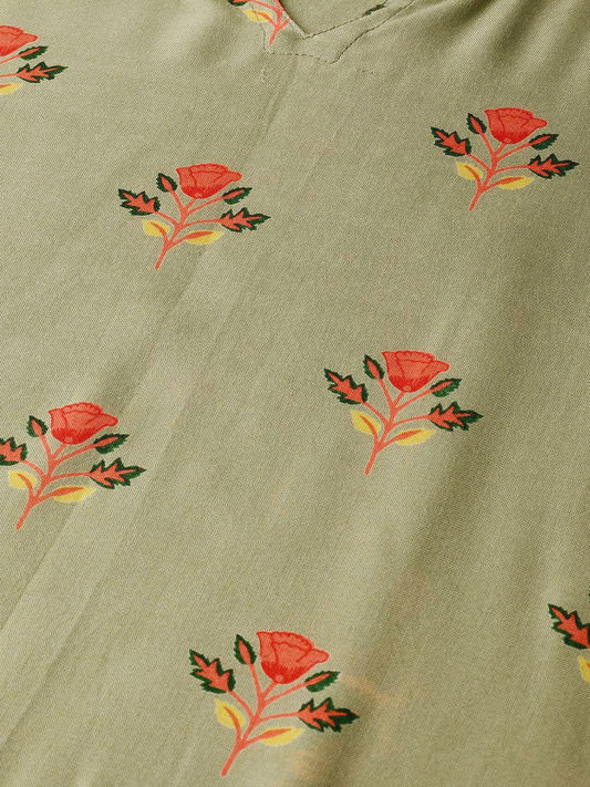 Olive Green Multi Colored Printed Kurta With Round Neck With V & 3/4 Sleeves | LASVINI - Redefining Indian Fashion with Elegance