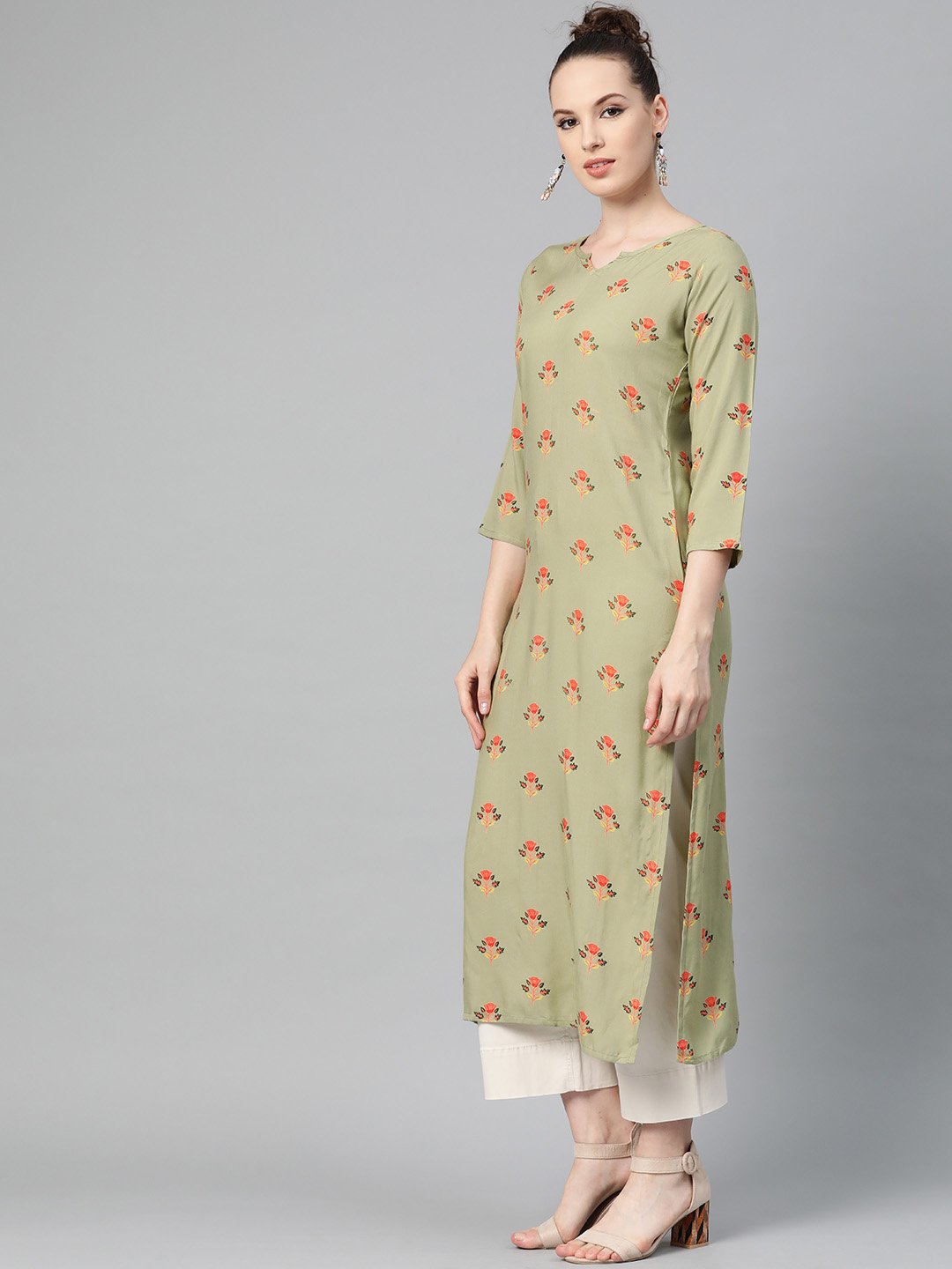 Olive Green Multi Colored Printed Kurta With Round Neck With V & 3/4 Sleeves | LASVINI - Redefining Indian Fashion with Elegance