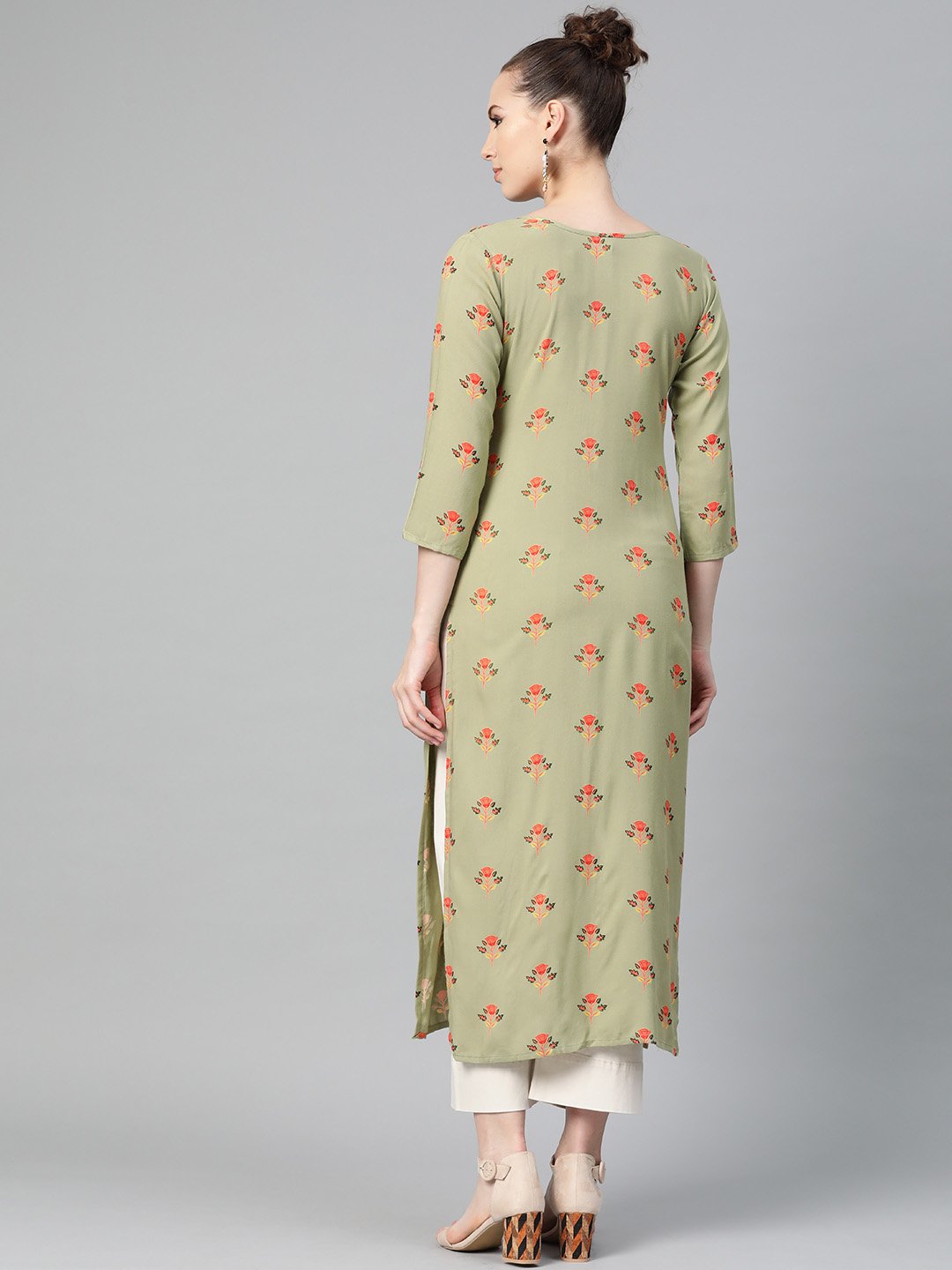Olive Green Multi Colored Printed Kurta With Round Neck With V & 3/4 Sleeves | LASVINI - Redefining Indian Fashion with Elegance