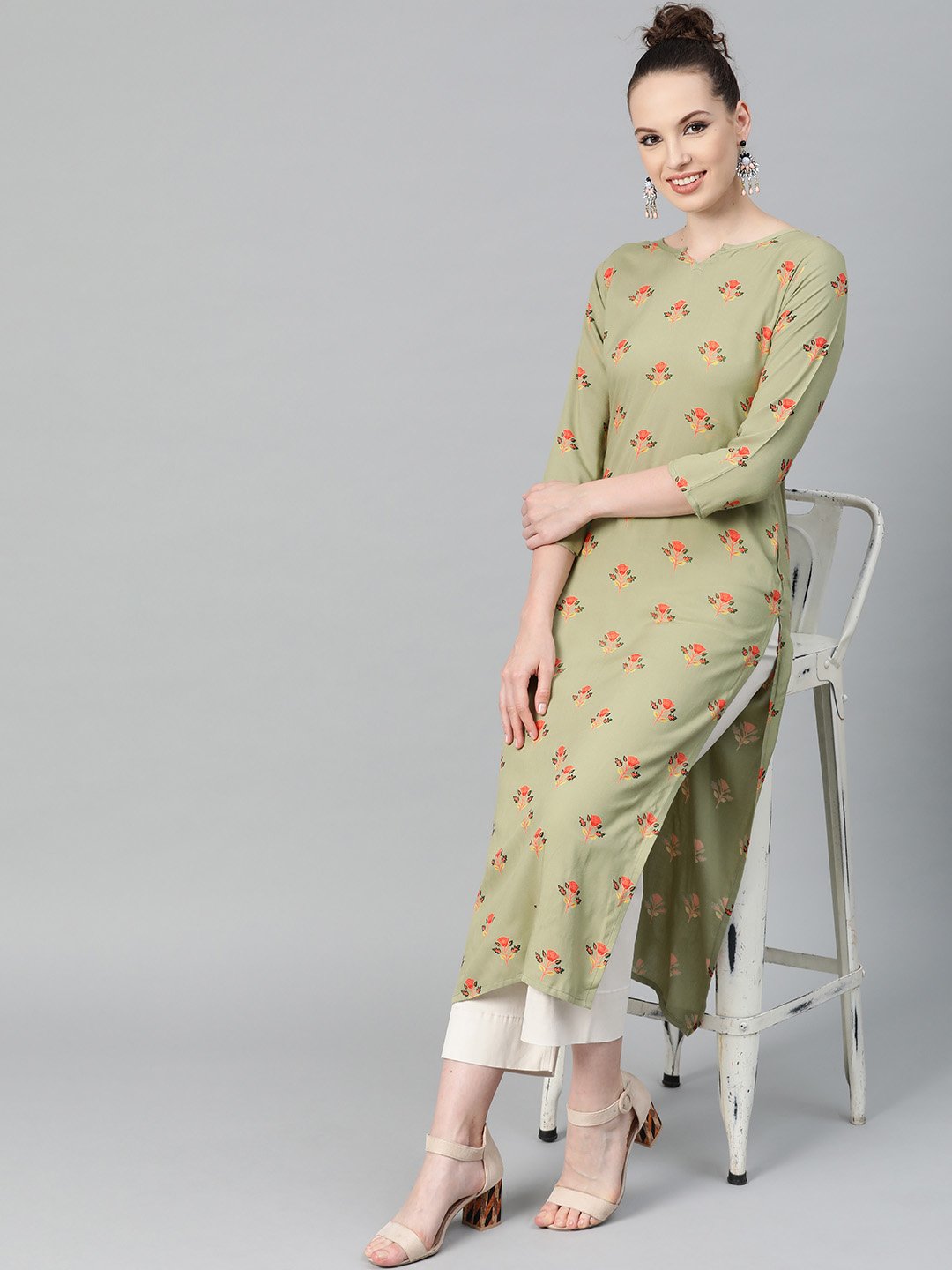 Olive Green Multi Colored Printed Kurta With Round Neck With V & 3/4 Sleeves | LASVINI - Redefining Indian Fashion with Elegance