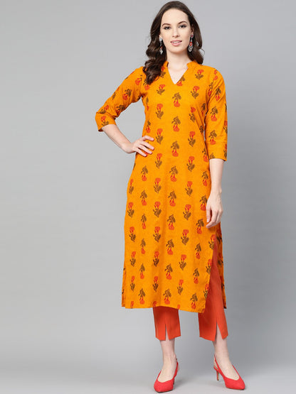 Mustard Printed Straight Kurta With Mandarin Collar & 3/4 Sleeves | LASVINI - Redefining Indian Fashion with Elegance