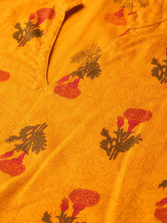 Mustard Printed Straight Kurta With Mandarin Collar & 3/4 Sleeves | LASVINI - Redefining Indian Fashion with Elegance