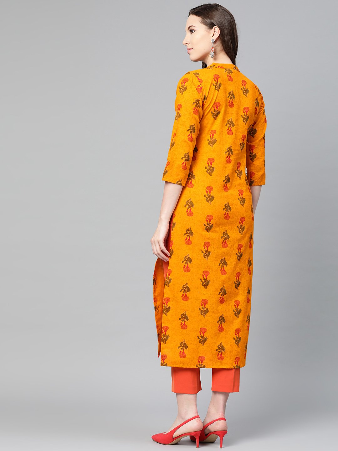 Mustard Printed Straight Kurta With Mandarin Collar & 3/4 Sleeves | LASVINI - Redefining Indian Fashion with Elegance