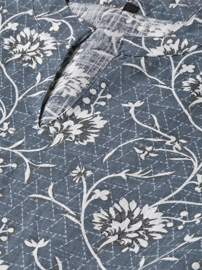 Grey & Off-White Floral Printed Maxi Dress With Madarin Collar & 3/4 Sleeves | LASVINI - Redefining Indian Fashion with Elegance