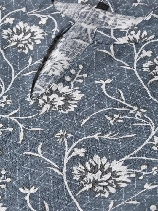 Grey & Off-White Floral Printed Maxi Dress With Madarin Collar & 3/4 Sleeves | LASVINI - Redefining Indian Fashion with Elegance