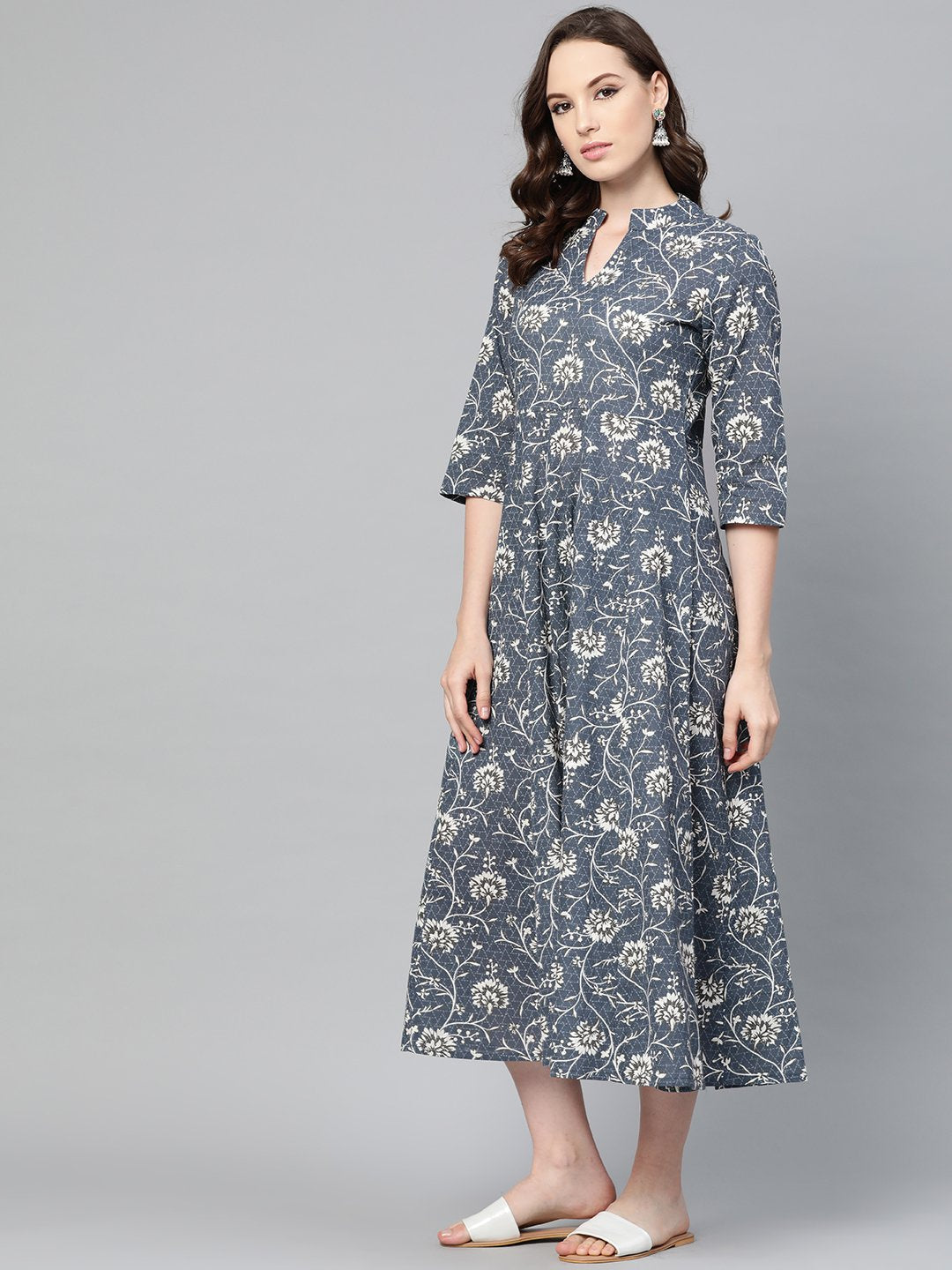 Grey & Off-White Floral Printed Maxi Dress With Madarin Collar & 3/4 Sleeves | LASVINI - Redefining Indian Fashion with Elegance