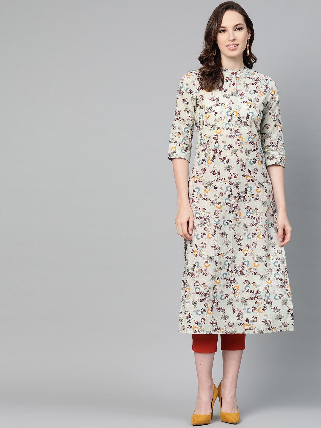 Beige Multi Colored Floral Printed Straight Kurta | LASVINI - Redefining Indian Fashion with Elegance