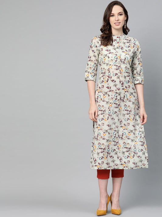Beige Multi Colored Floral Printed Straight Kurta | LASVINI - Redefining Indian Fashion with Elegance