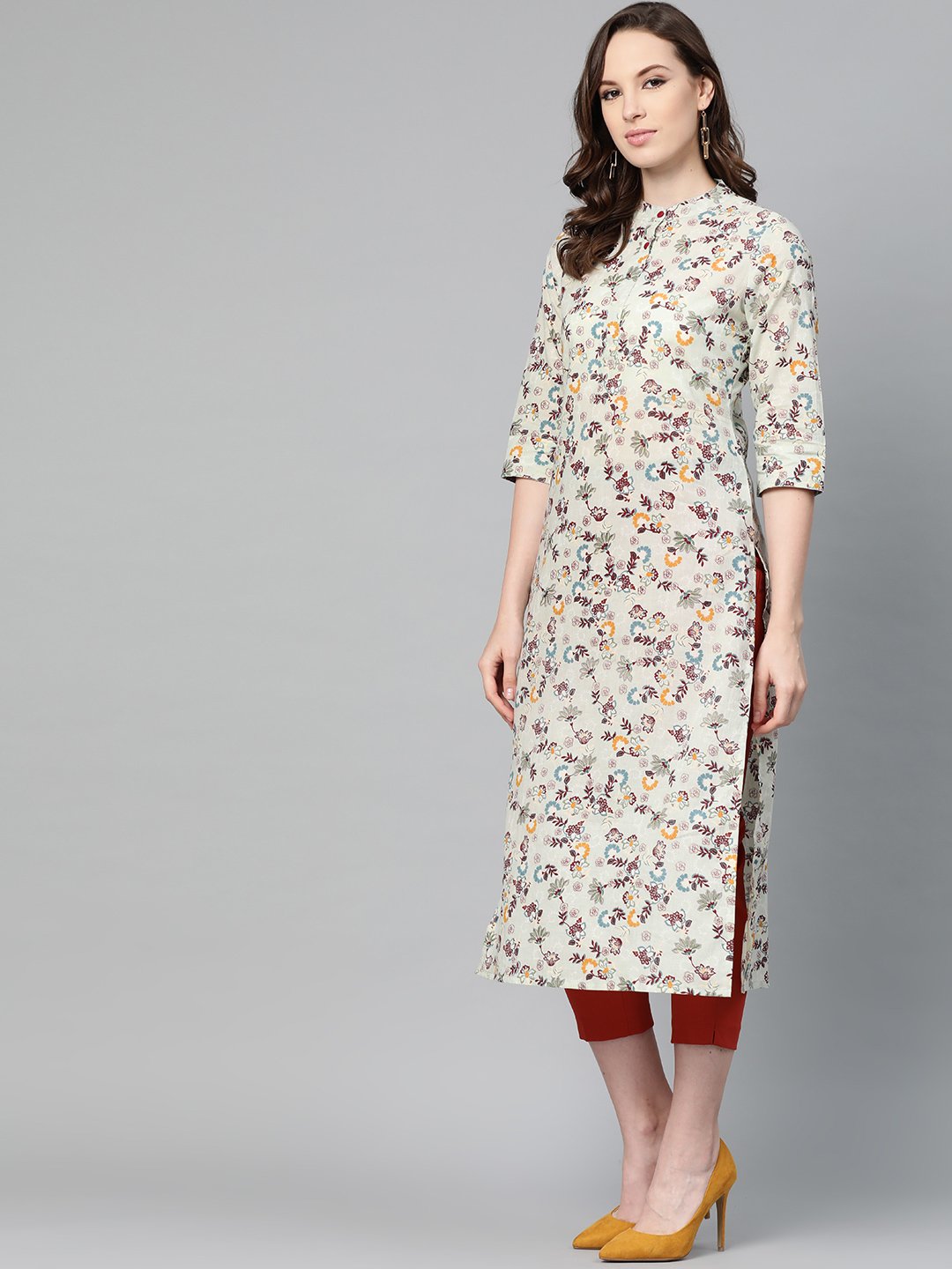 Beige Multi Colored Floral Printed Straight Kurta | LASVINI - Redefining Indian Fashion with Elegance