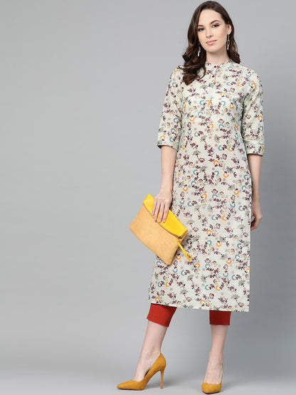 Beige Multi Colored Floral Printed Straight Kurta | LASVINI - Redefining Indian Fashion with Elegance