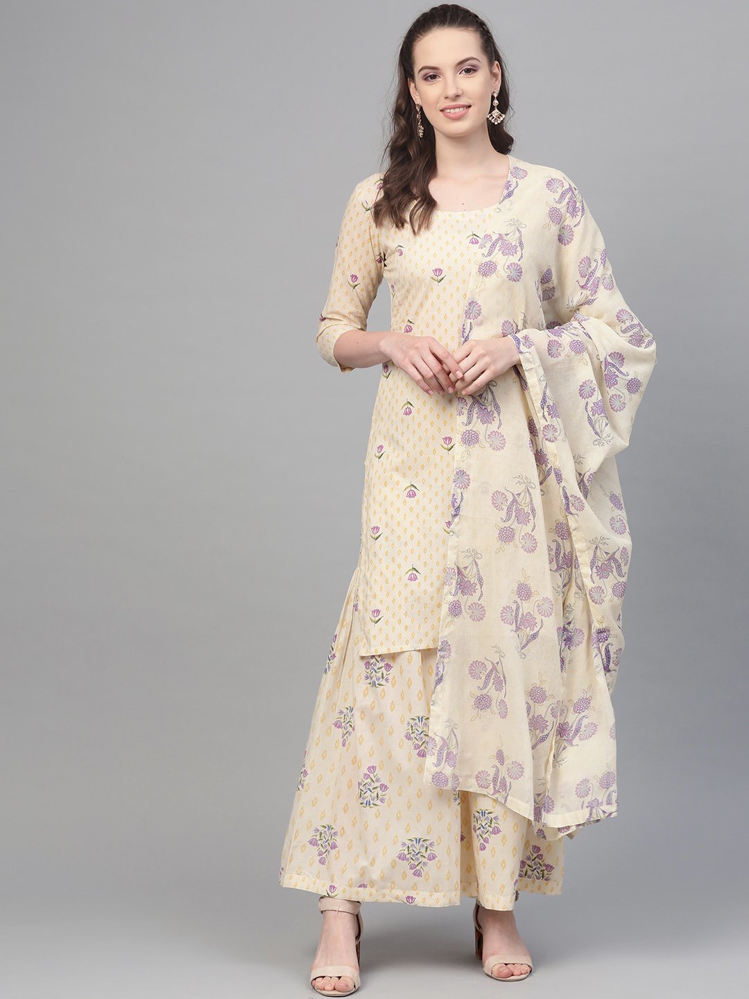 Off White & Lavender Printed Kurta Set With Sharara And Dupatta | LASVINI - Redefining Indian Fashion with Elegance