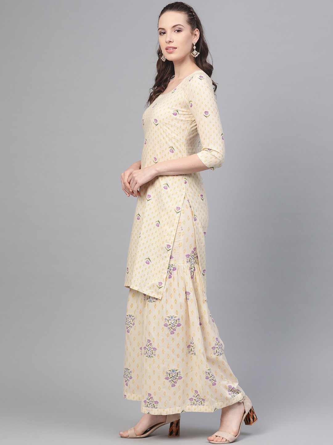 Off White & Lavender Printed Kurta Set With Sharara And Dupatta | LASVINI - Redefining Indian Fashion with Elegance