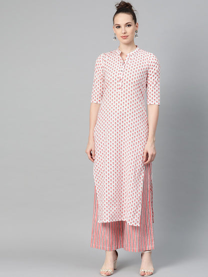 Off White & Pink Floral Printed Kurta Set With Striped Pallazo | LASVINI - Redefining Indian Fashion with Elegance