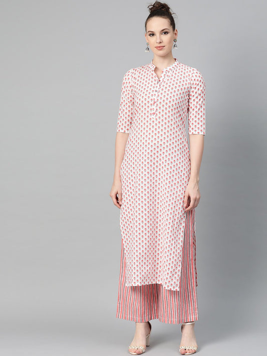 Off White & Pink Floral Printed Kurta Set With Striped Pallazo | LASVINI - Redefining Indian Fashion with Elegance