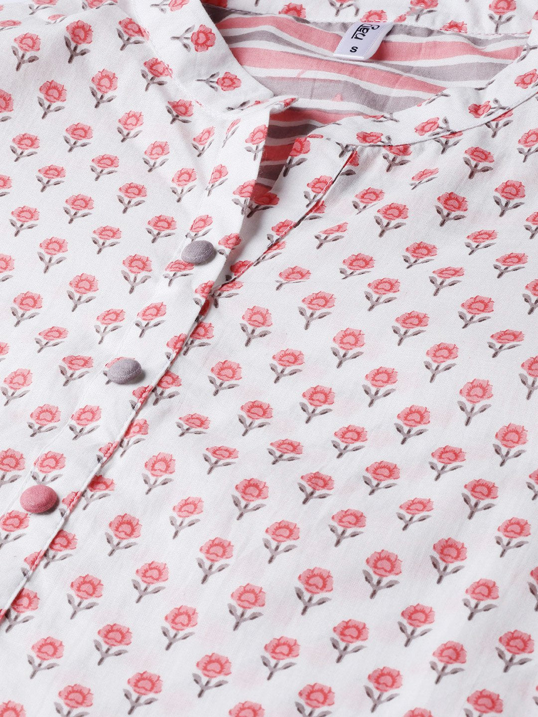 Off White & Pink Floral Printed Kurta Set With Striped Pallazo | LASVINI - Redefining Indian Fashion with Elegance