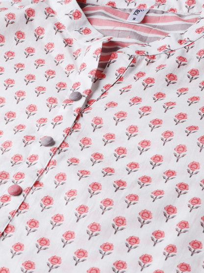 Off White & Pink Floral Printed Kurta Set With Striped Pallazo | LASVINI - Redefining Indian Fashion with Elegance