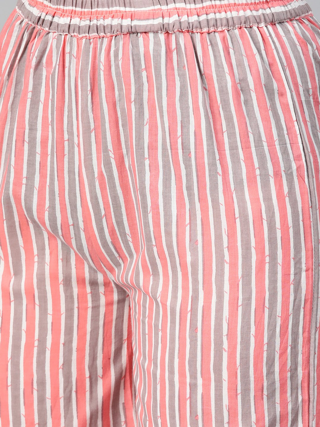 Off White & Pink Floral Printed Kurta Set With Striped Pallazo | LASVINI - Redefining Indian Fashion with Elegance