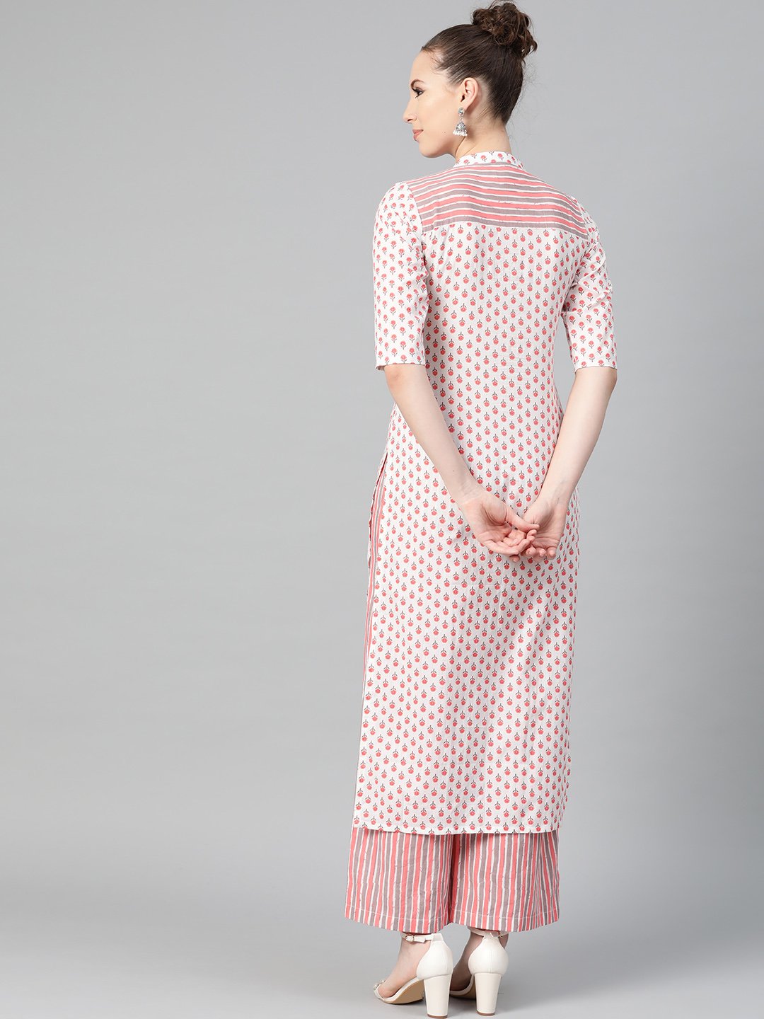 Off White & Pink Floral Printed Kurta Set With Striped Pallazo | LASVINI - Redefining Indian Fashion with Elegance