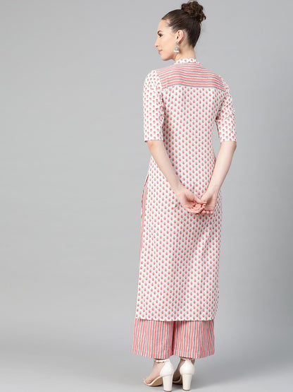 Off White & Pink Floral Printed Kurta Set With Striped Pallazo | LASVINI - Redefining Indian Fashion with Elegance