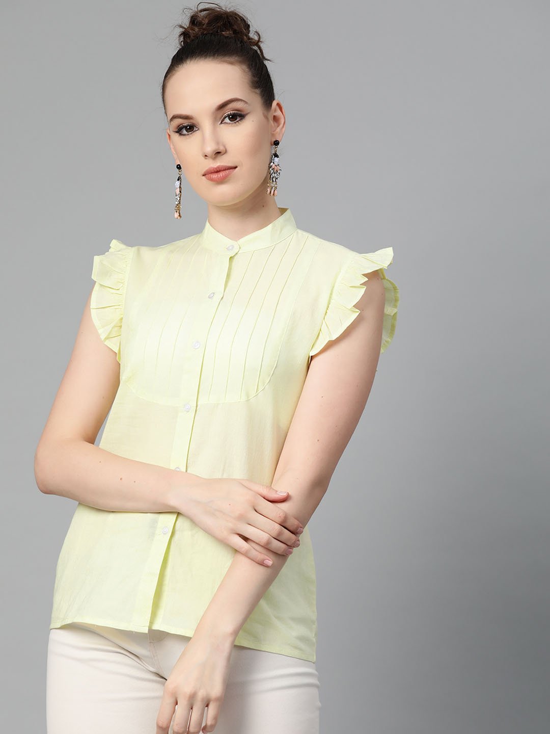 Solid Lime Yellow Top With Detailed Sleeves | LASVINI - Redefining Indian Fashion with Elegance