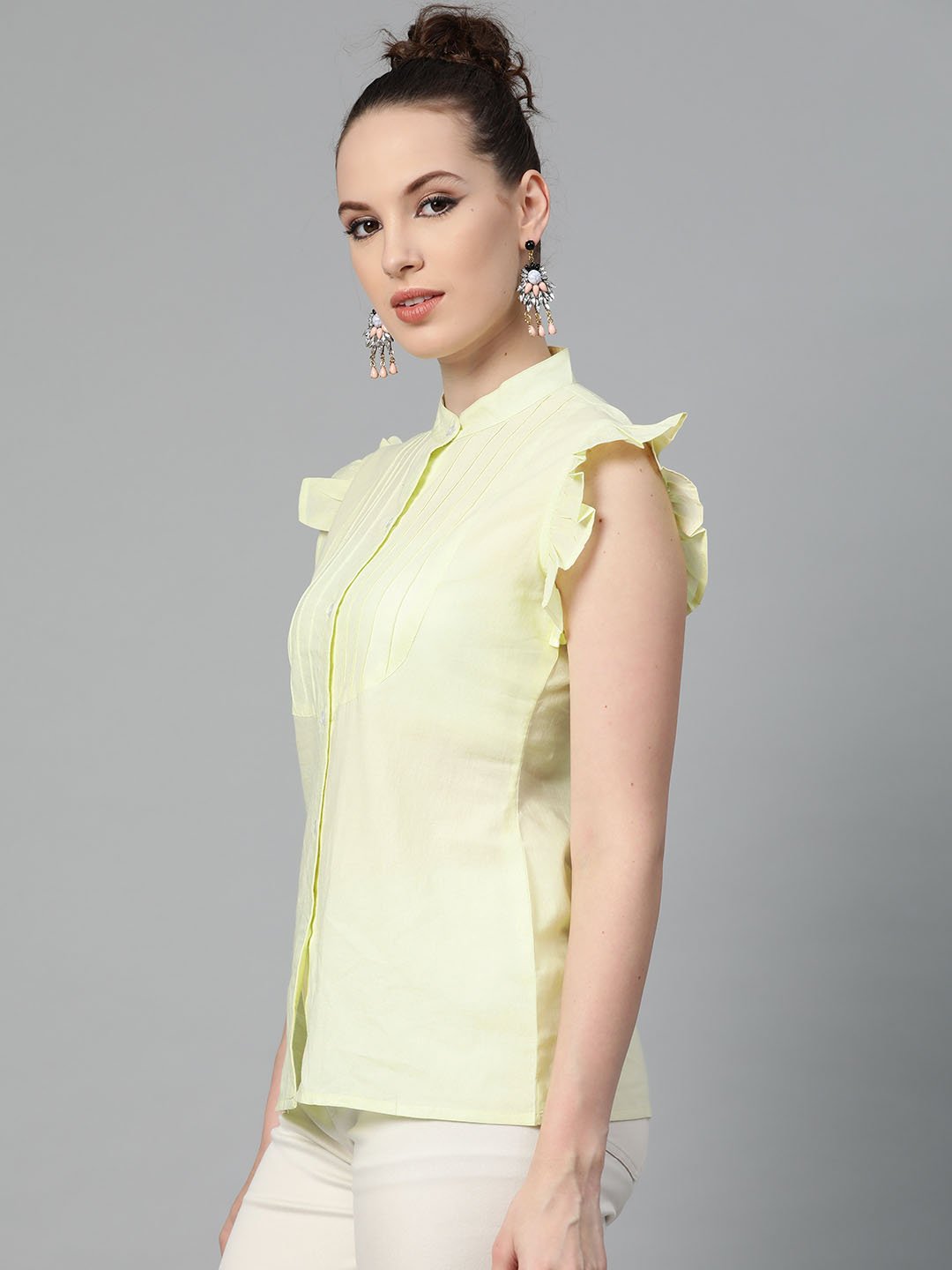 Solid Lime Yellow Top With Detailed Sleeves | LASVINI - Redefining Indian Fashion with Elegance