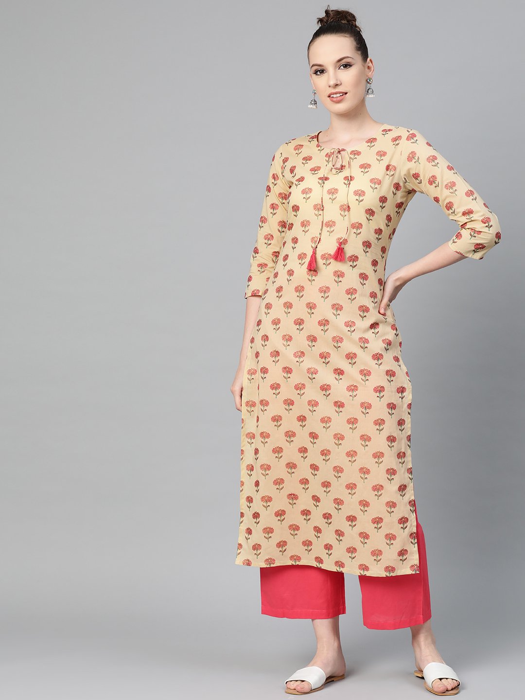 Cream With Multi Floral Printed Kurta With Keyhole Neckline | LASVINI - Redefining Indian Fashion with Elegance