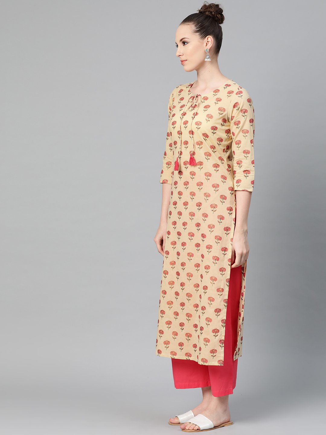 Cream With Multi Floral Printed Kurta With Keyhole Neckline | LASVINI - Redefining Indian Fashion with Elegance