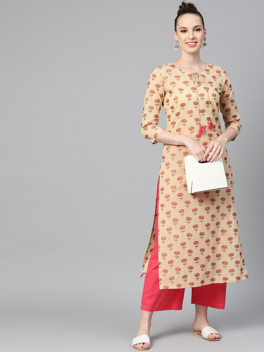 Cream With Multi Floral Printed Kurta With Keyhole Neckline | LASVINI - Redefining Indian Fashion with Elegance
